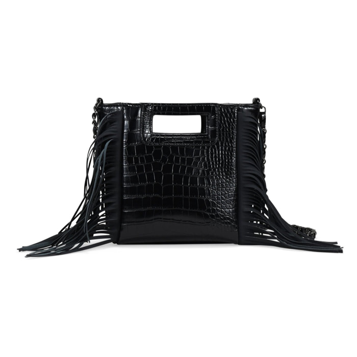 Bolso de mano negro con flecos