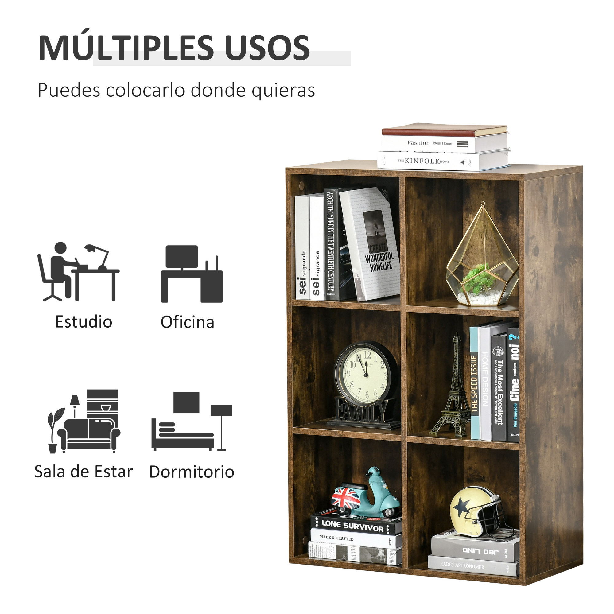 Librería de 3 Niveles, Estantería para Libros con 6 Cubos de Almacenaje, para Sala de Estar, Dormitorio, Estudio, Oficina, 65,5x30x97,5 cm, Marrón Rústico