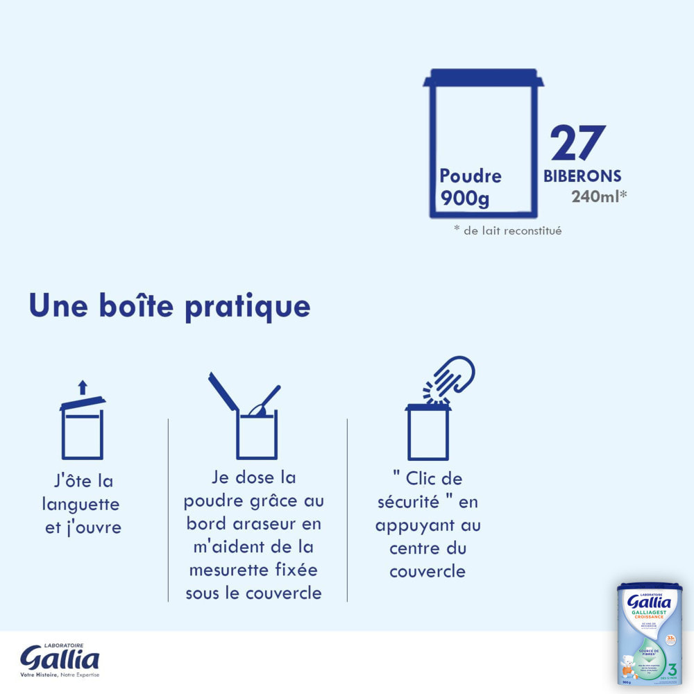 3 Boîtes de Lait en poudre Galliagest Premium Croissance (3x900g) - Gallia De 12 à 18 Mois