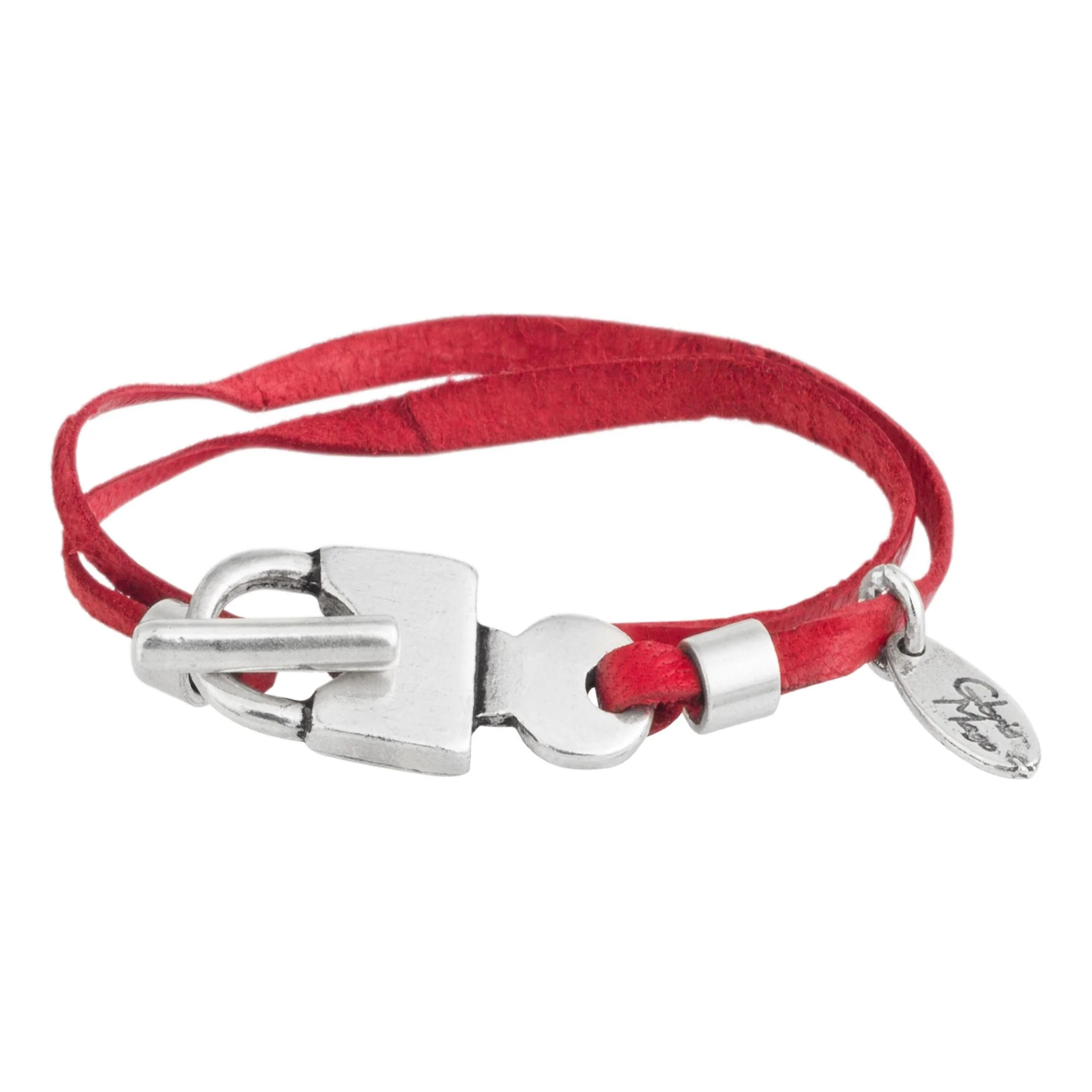 Pulsera piel rojo candado cierre plata chapado