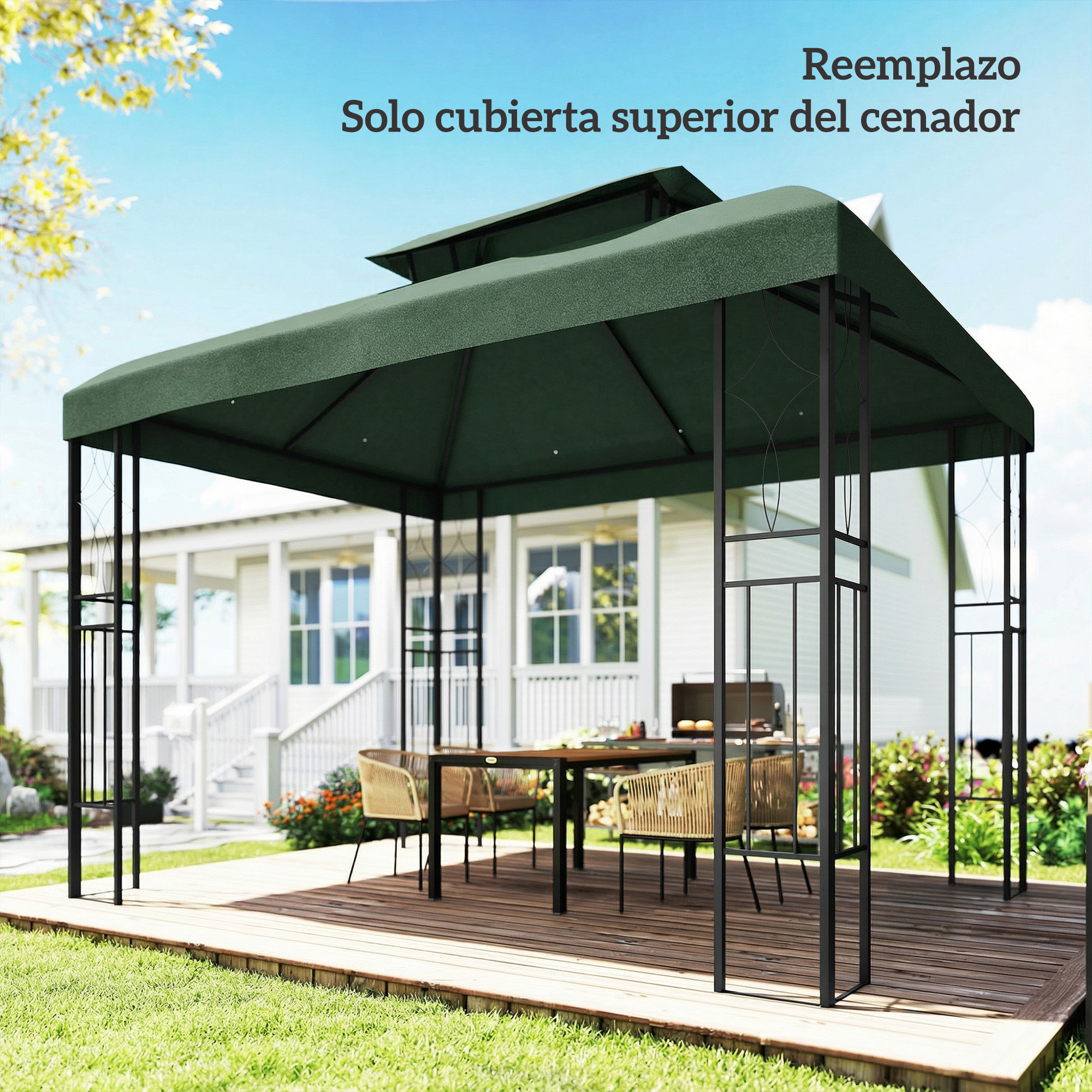 Techo de Repuesto para Cenador, 4x3 m, Cubierta de Repuesto con Techo Doble, 10 Orificios de Drenaje y Protección UV, SOLO Toldo de Recambio para Pabellón Gazebo, Verde