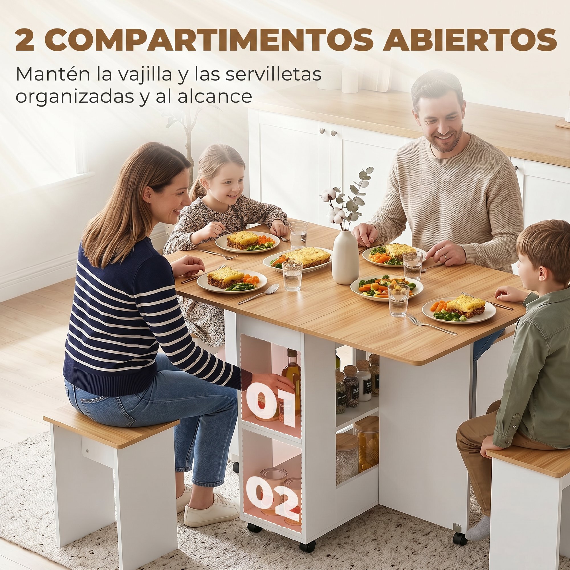 HOMCOM Conjunto Mesa y 4 Sillas de Comedor, Mesa de Comedor Plegable con Taburetes Ocultos, 2 Alas Abatibles, Ruedas, Estantes, Ahorro de Espacio, para 4-6 Personas, Roble