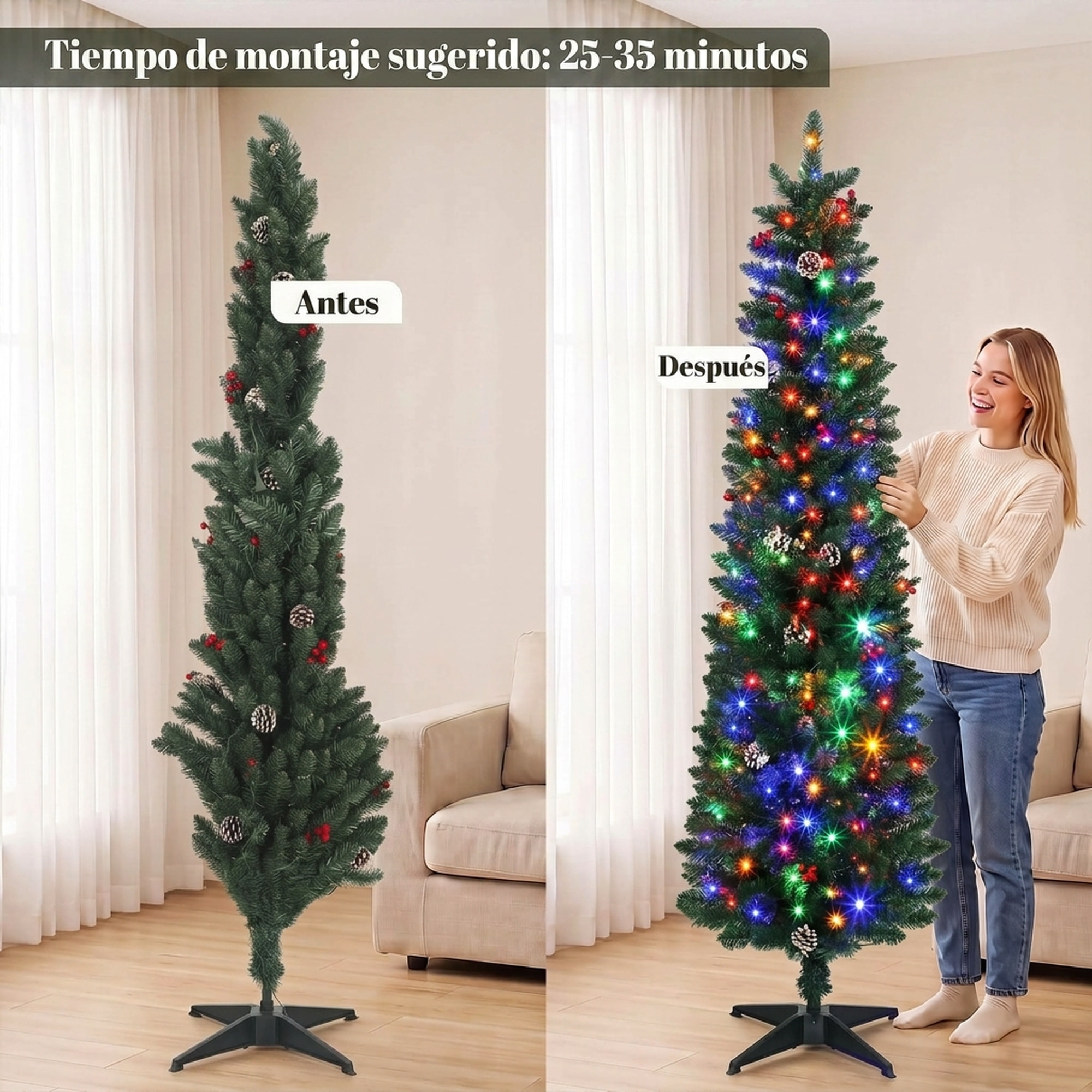Árbol de Navidad Estrecho con 170 Luces LED Bicolor, 180 cm, Árbol de Navidad de Abeto, 351 Ramas Ignífugas, 11 Modos, 25 Piñas, 25 Bayas Rojas, Mando a Distancia, Estructura de Acero, Verde