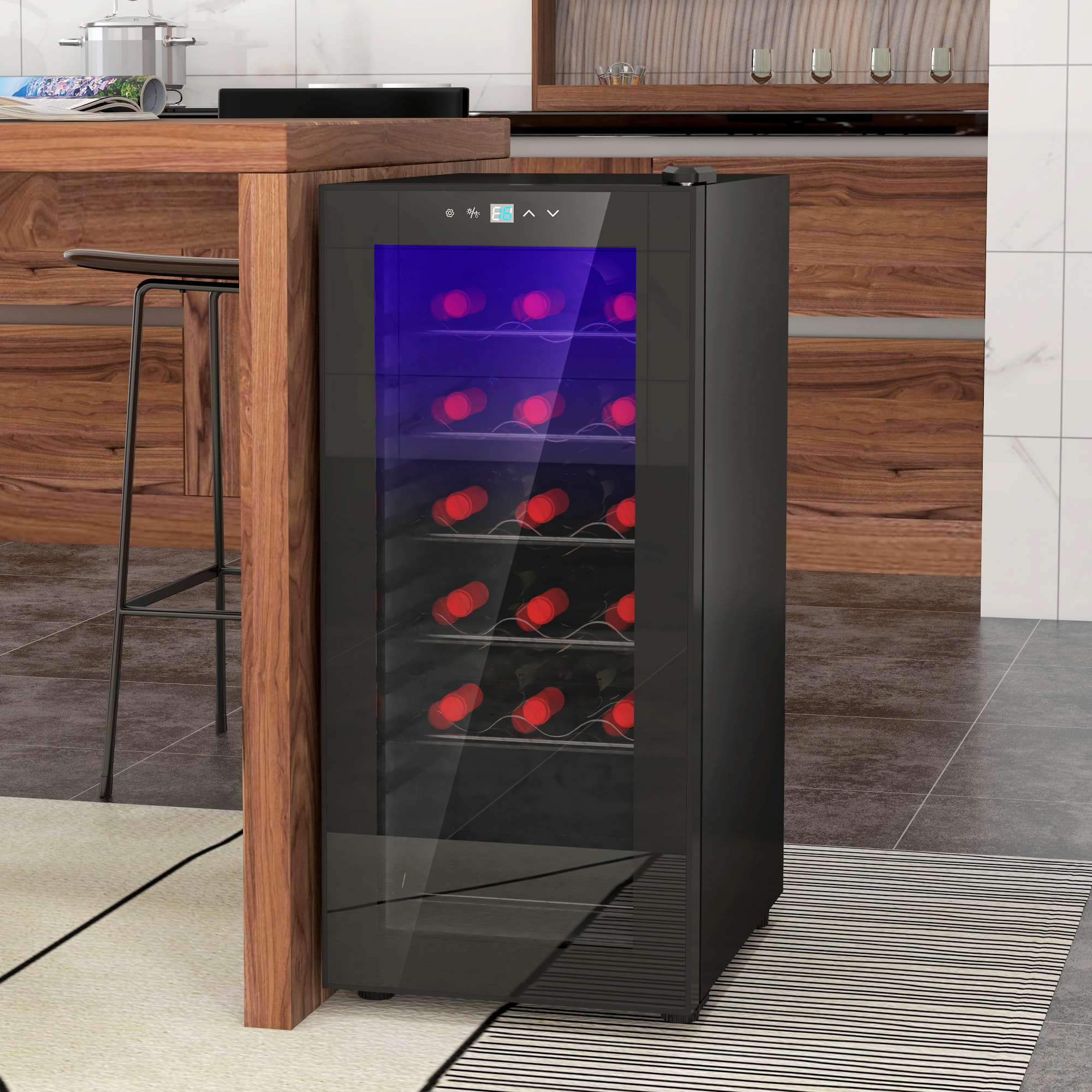 Nevera Vinos 18 Botellas 50L Vinoteca con Luz LED Interior Pantalla Táctil Digital Control de Temperatura Puerta de Vidrio y 5 Estantes de Metal Negro