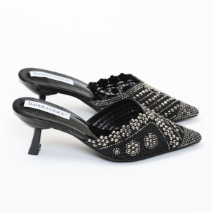 Sandali in simil pelle con tacco a rocchetto e tomaia gioiello