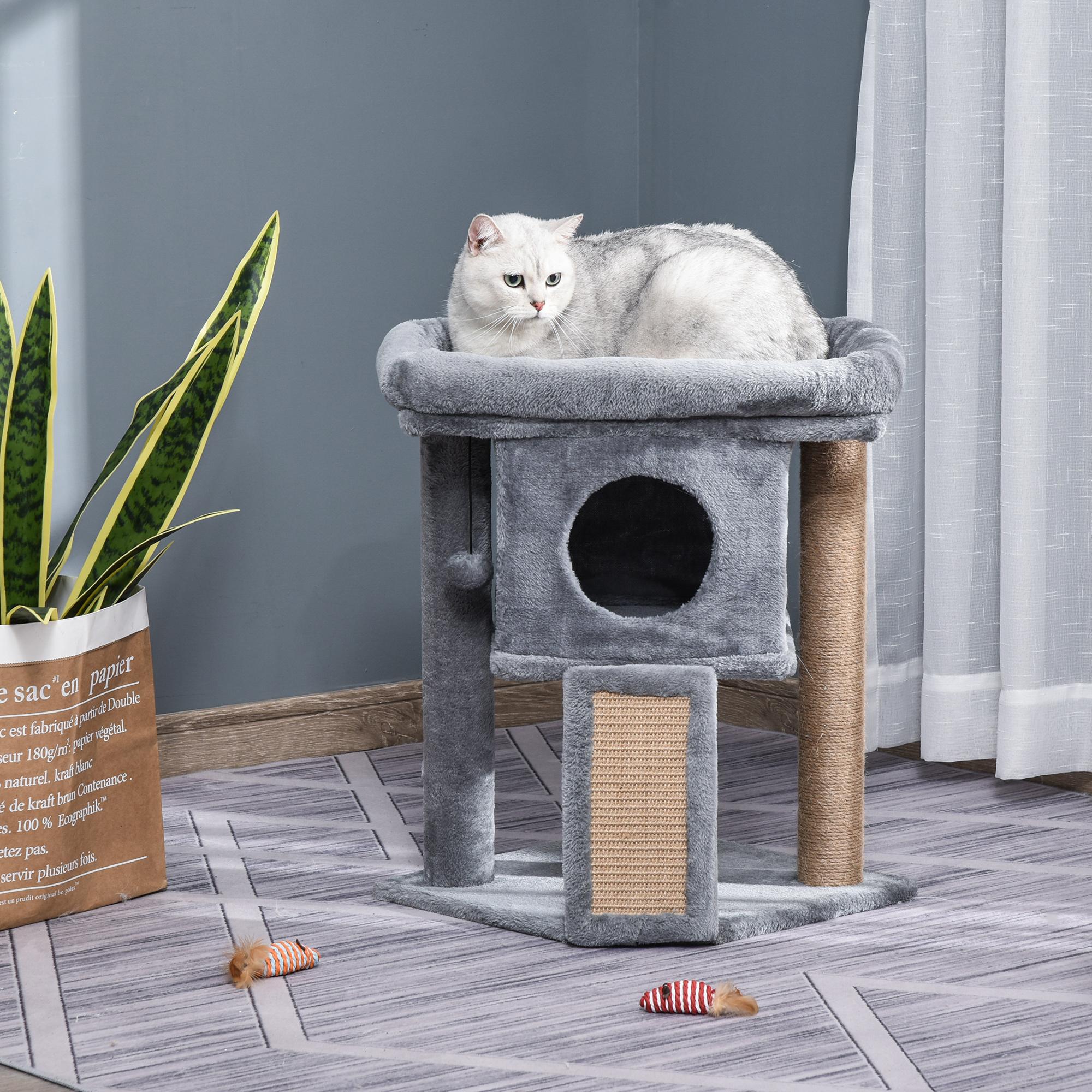 Árbol Rascador para Gatos Pequeños de 57 cm Torre para Gatos con Poste de Yute Rampa para Rascar Cama y Bola Colgante 40x40x57 cm Gris