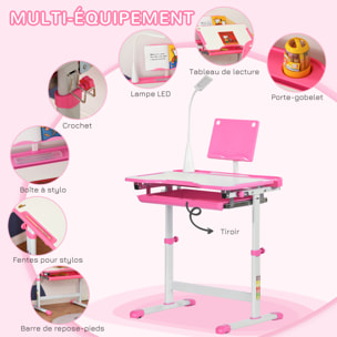 Bureau enfant avec chaise - ensemble bureau et chaise réglable - lampe, support de lecture, tablette coulissante multi-rangement - gris blanc