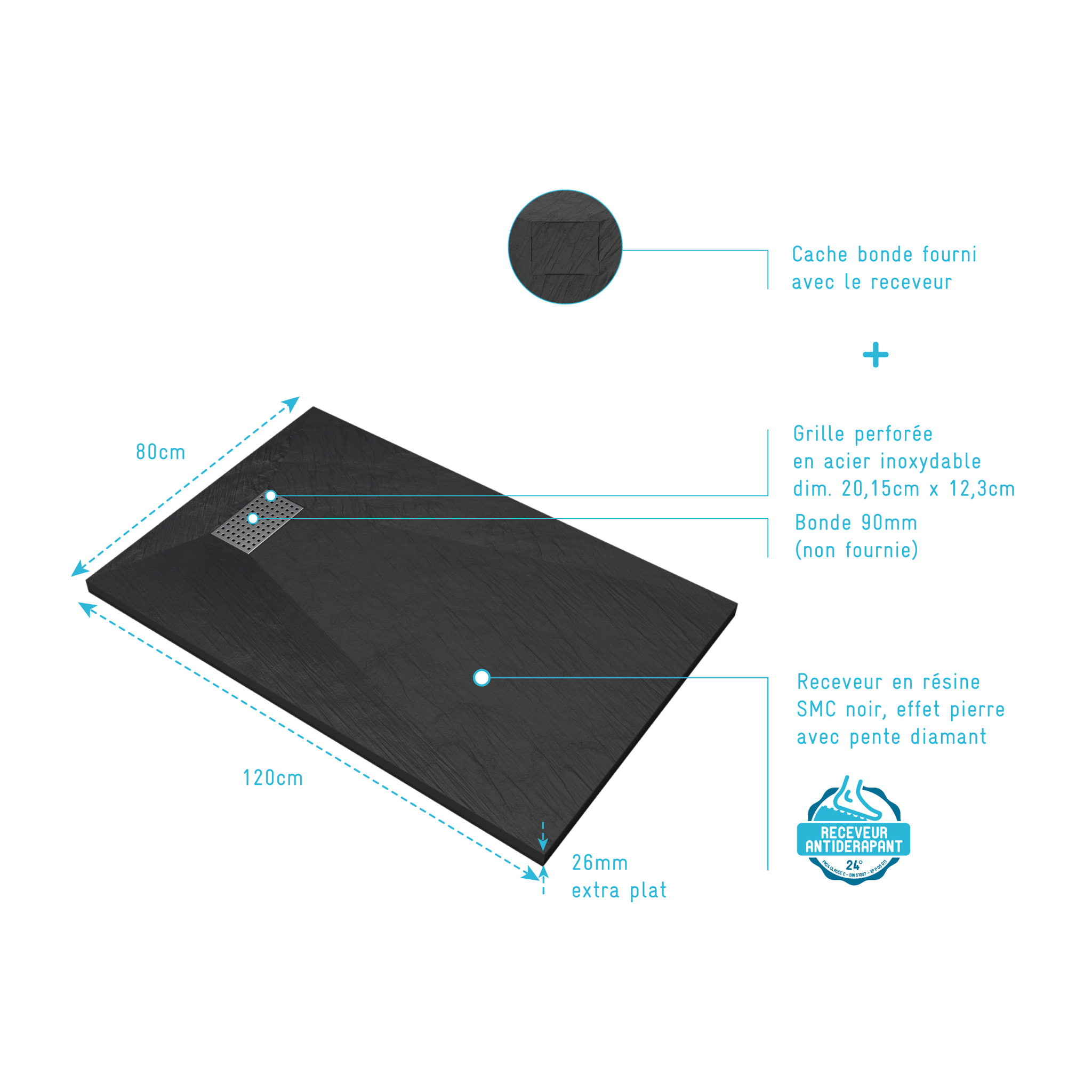 Receveur de douche Noir Effet Pierre 80x120 cm et Grille décor Perforée en Inox