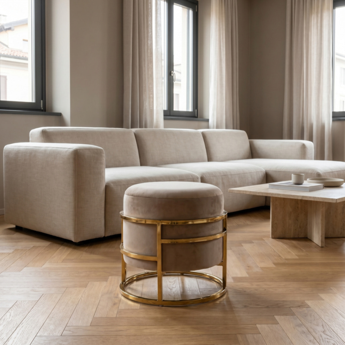 Pouf Contenitore Rotondo in Velluto con Coperchio e Base in Acciaio Dorata, Seduta Imbottita con Vano Contenitore dallo Stile Elegante per Soggiorno, Camera da Letto e Ingresso
