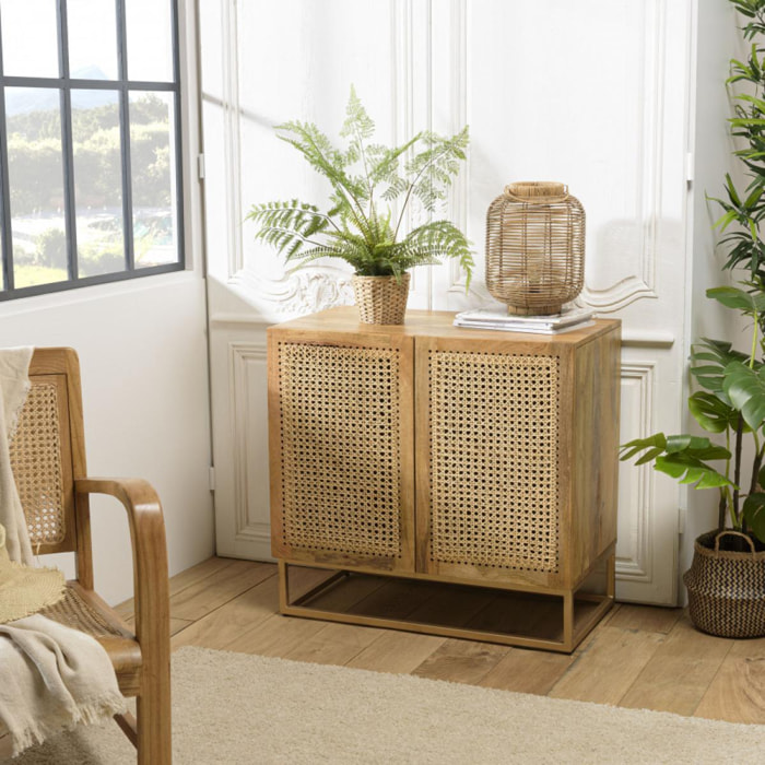 ISA - Buffet marron 2 portes bois de manguier cannage couleur naturelle cadre inférieur métal doré
