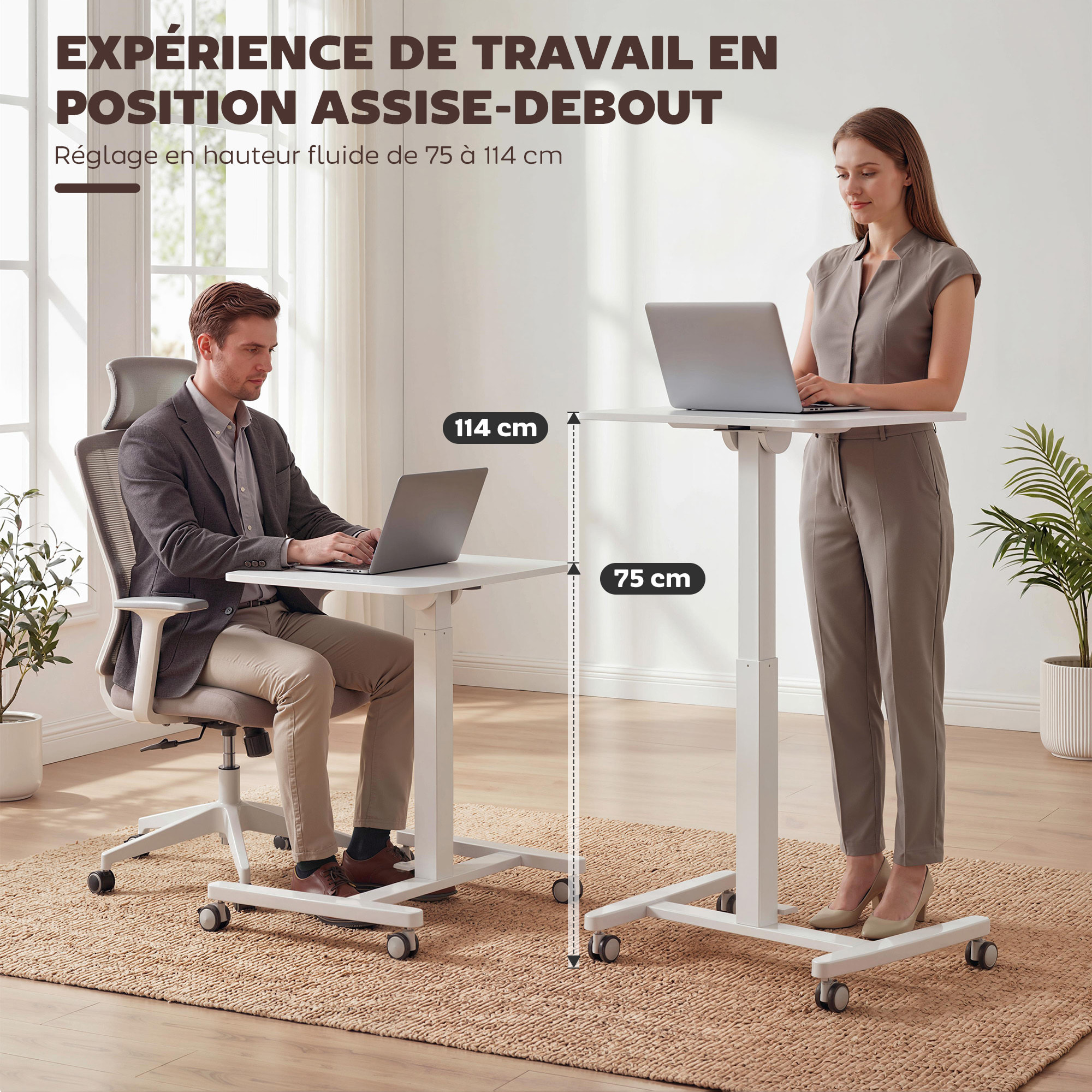 Bureau assis-debout mobile réglable table de lit 2 en 1 plateau inclinable blanc