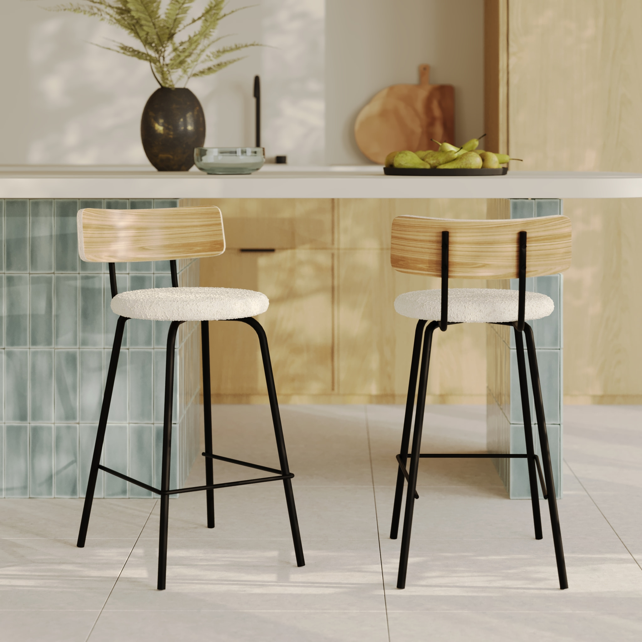 Lot de 2 chaises pour îlot central 64 cm en tissu bouclé blanc cassé - Alize