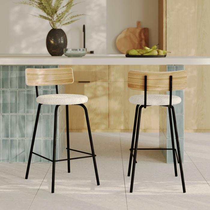 Lot de 2 chaises pour îlot central 64 cm en tissu bouclé blanc cassé - Alize