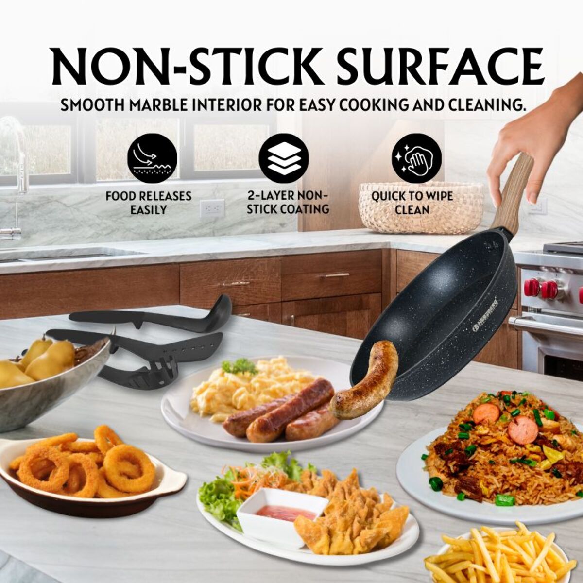 Batterie de cuisine 15 pièces avec revêtement en granit et manche en bois Noir Herzberg HGWDMRB15-BLK
