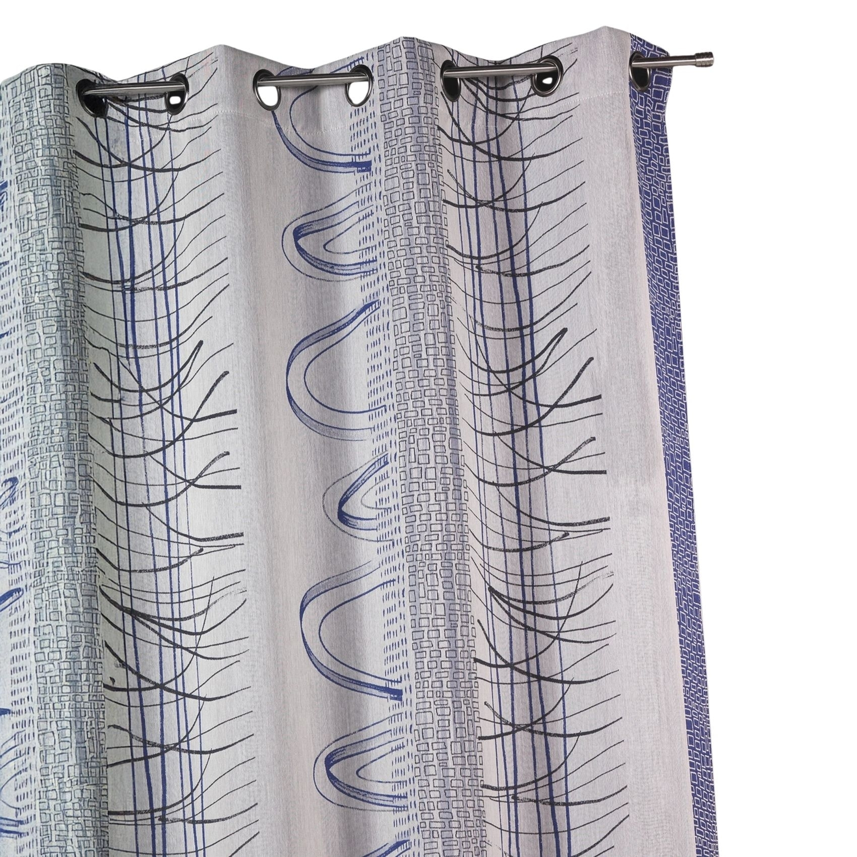 Rideau en jacquard à rayures verticales aux imprimés graphiques - Bleu