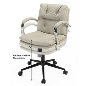 MINA - Chaise de bureau à roulettes cuir matelassé beige dossier carré