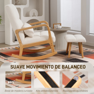 Silla Mecedora con Reposapiés, Sillón de Relax Tapizado en Bouclé con Cojín Acolchado, Respaldo Ergonómico, Reposabrazos y Patas de Madera, Carga 120 kg, para Salón, Dormitorio, Blanco
