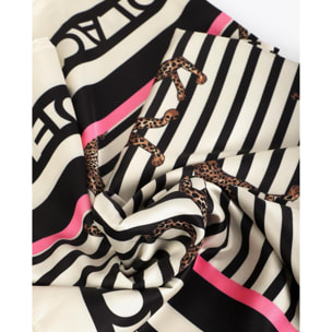 Sciarpa in raso con stampa combinata a righe e leopardo