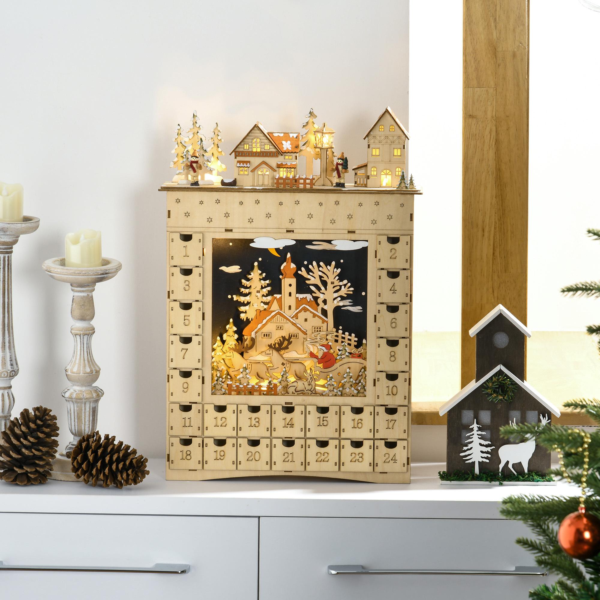 Calendrier de l'Avent LED - 10 lumières blanc chaud - 24 tiroirs - décoration lumineuse de Noël - MDF bois naturel