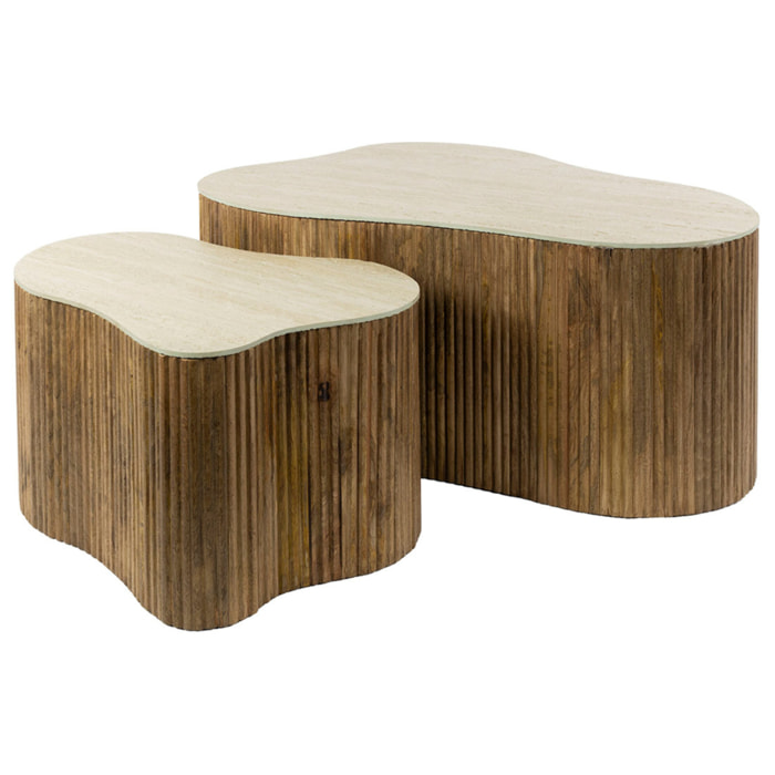 Jade - lot de 2 tables basses gigognes effet travertin - pieds en bois massif de manguier - 90 et 61 cm - Bois / Beige
