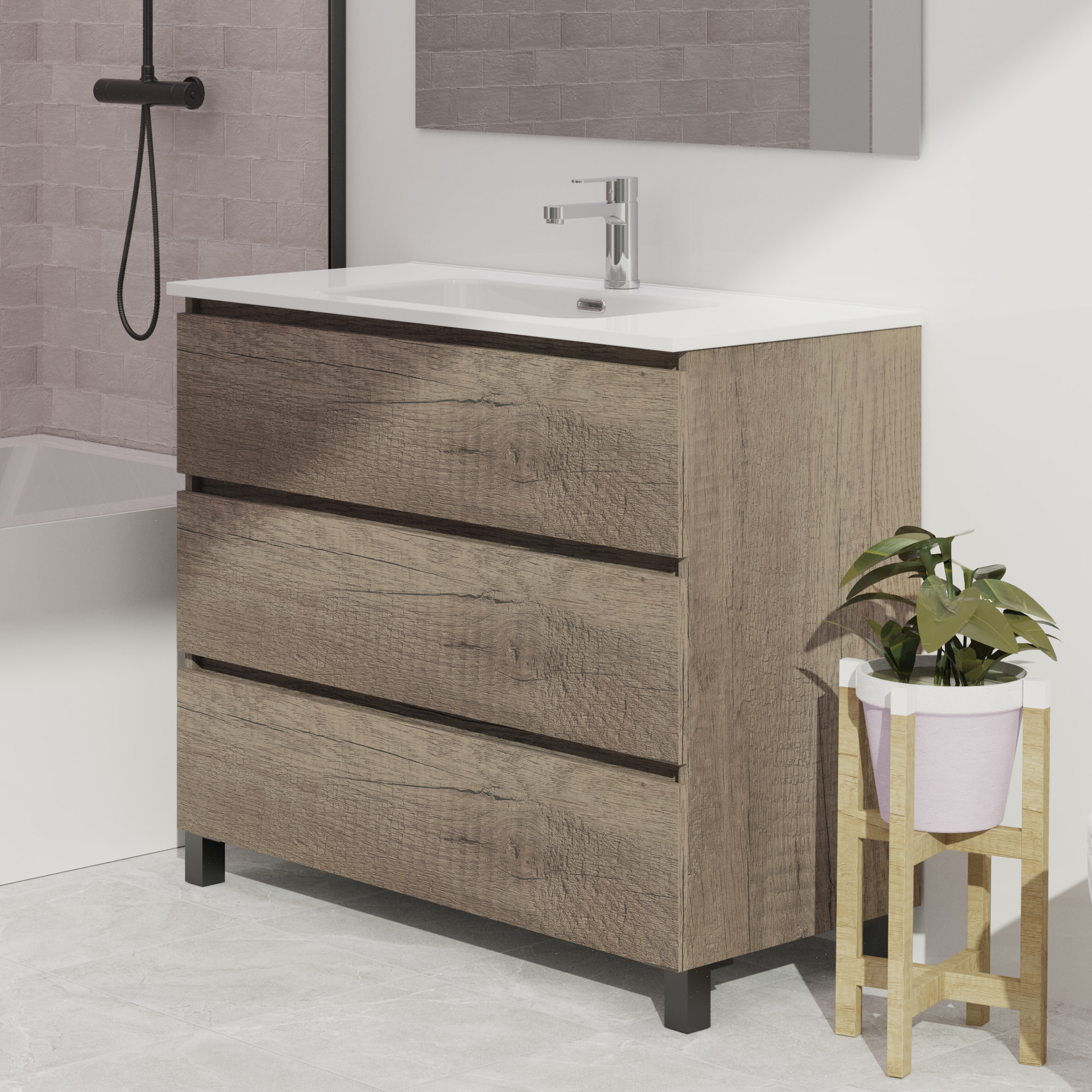 Conjunto de baño Wink | 100 cm Nebraska | Tres cajones | Lavabo encastrado | No incluye espejo | Mueble montado | Alday