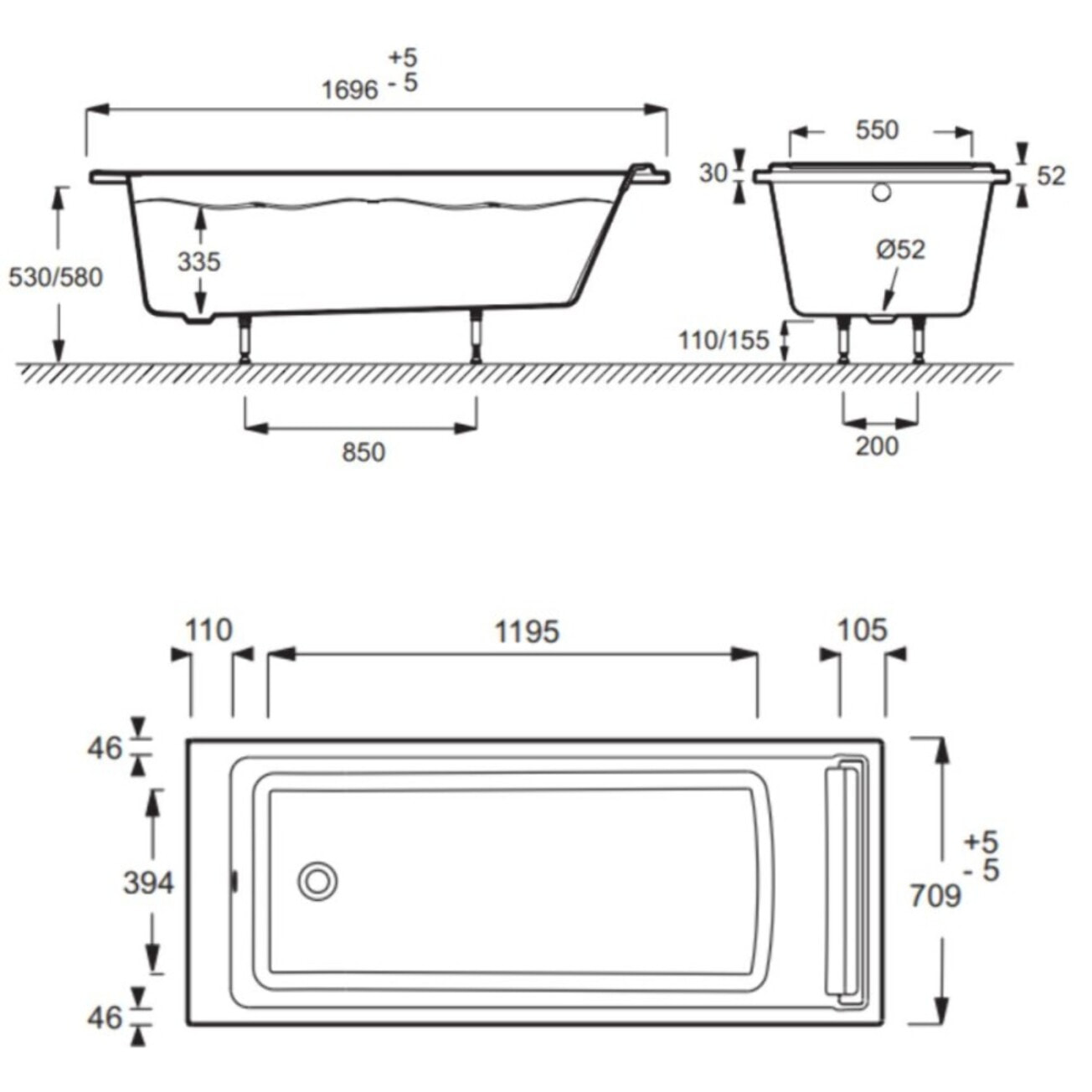 Baignoire droite Spacio + pare bain chromé