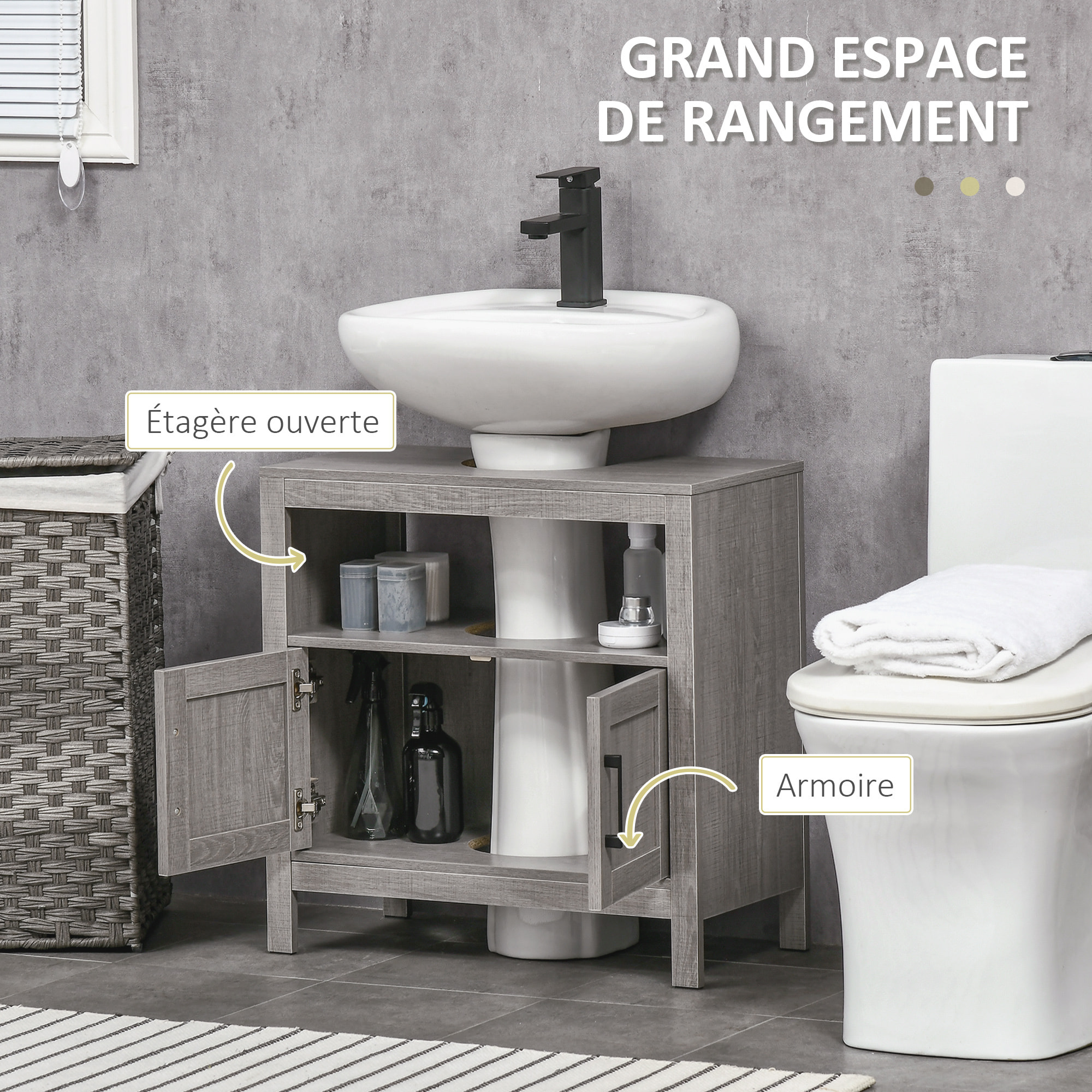 Meuble salle de bain - meuble sous-vasque - placard 2 portes, niche - dim. 60L x 30l x 60H cm - panneaux de particules aspect bois gris