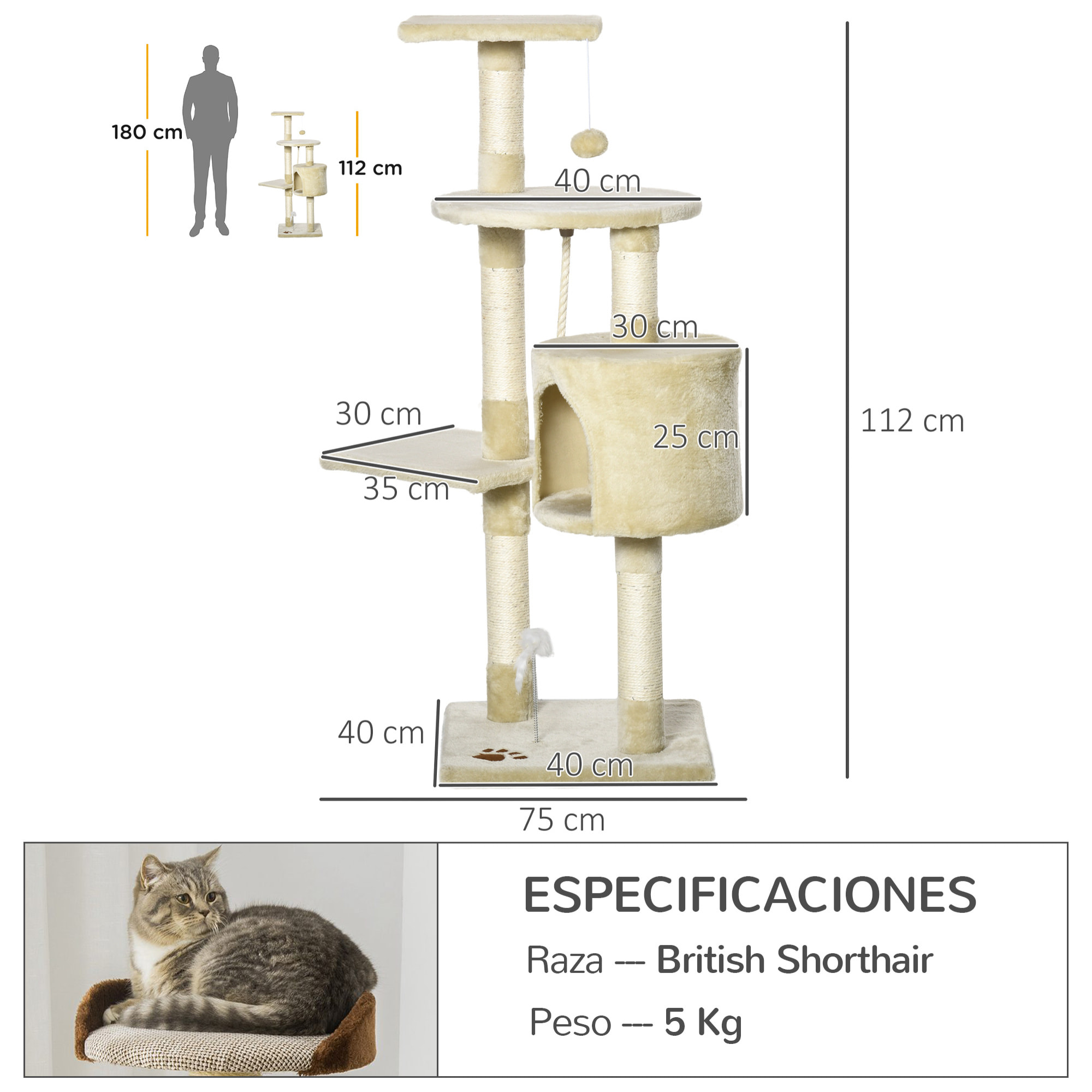 árbol Rascador para Gatos de Melamina 75x40x112cm Beige