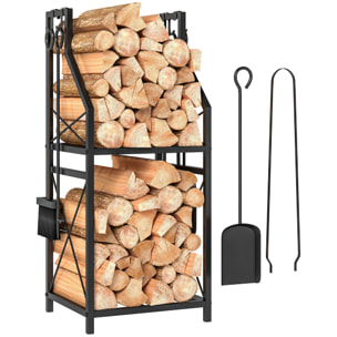Estante de Leña Metálico de Chimenea, Soporte para Leña de 2 Niveles, Leñero Exterior con 4 Herramientas, Ganchos y Base Elevada, para Interior y Exterior, 34x30x80 cm, Negro