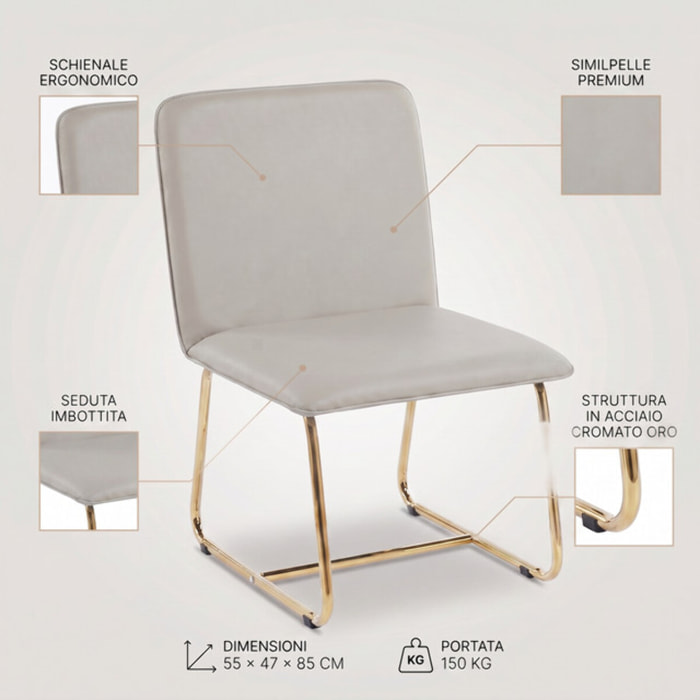 Sedia Imbottita in Similpelle con Gambe Oro, Design Moderno ed Elegante per Sala da Pranzo, Cucina, Soggiorno, Studio e Ufficio