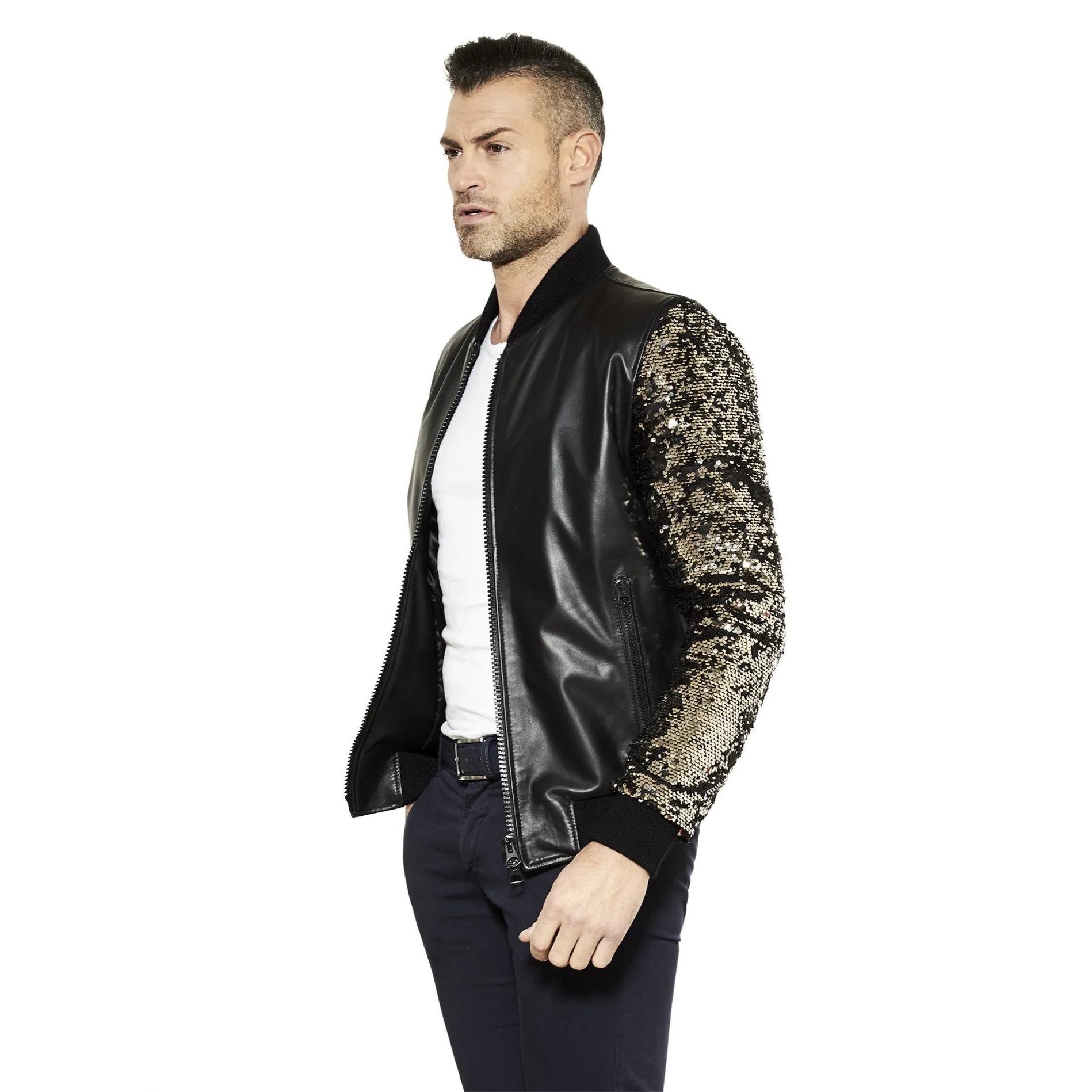 Giubbotto Bomber in pelle nera maniche paillettes