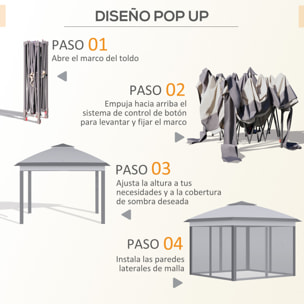 Carpa Plegable 3,3x3,3 m Pop-up, Cenador de Jardín con Altura Ajustable 3 Niveles, Doble Techo, 4 Mosquiteras Extraíbles y Bolsa Transporte, Impermeable, Anti-UV para Exterior, Gris