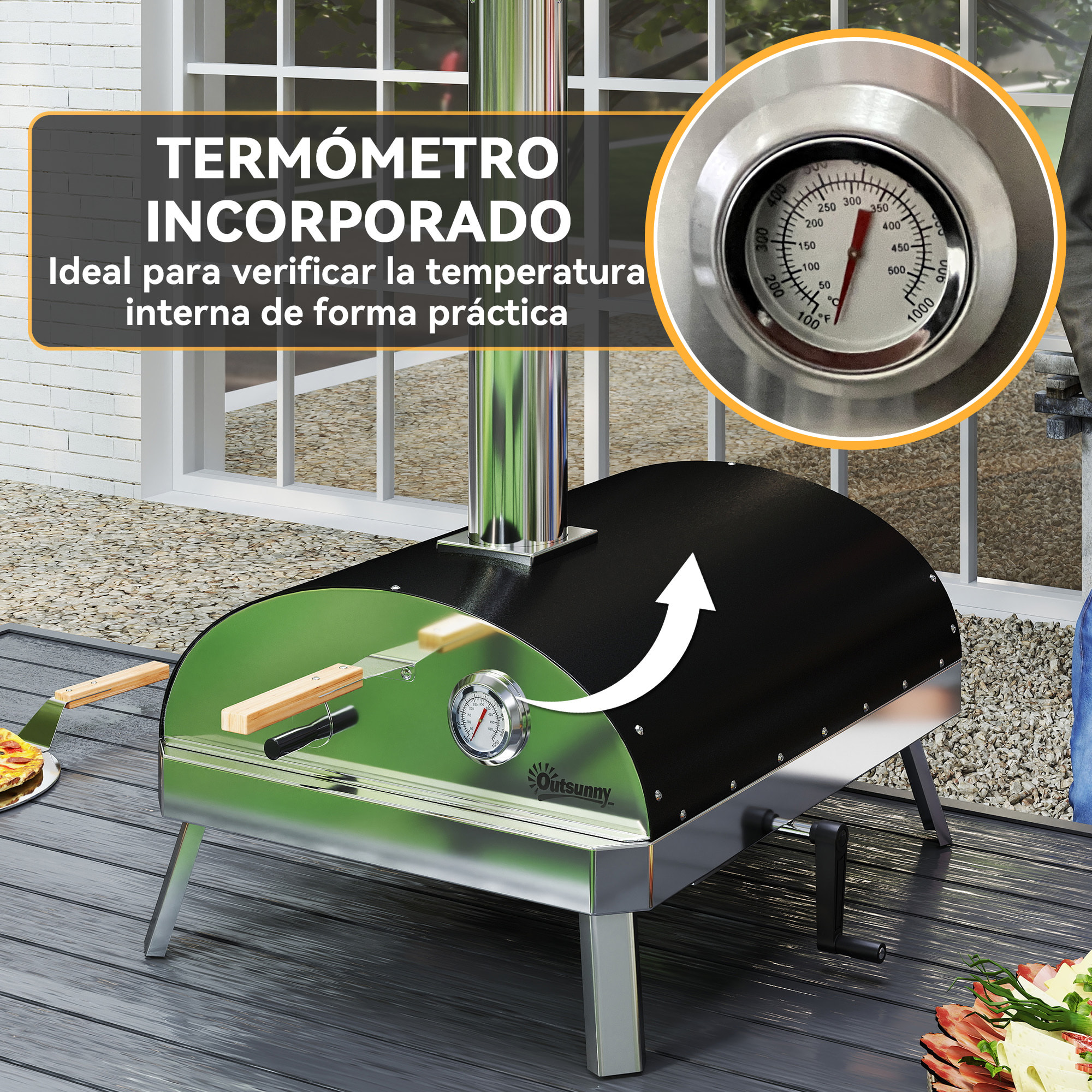 Mini Horno de Pizza Exterior Portátil Horno de Leña con Piedra Refractaria Ø33 cm Mangos de Madera Termómetro y Bandeja Giratoria para Jardín Terraza Camping Patio