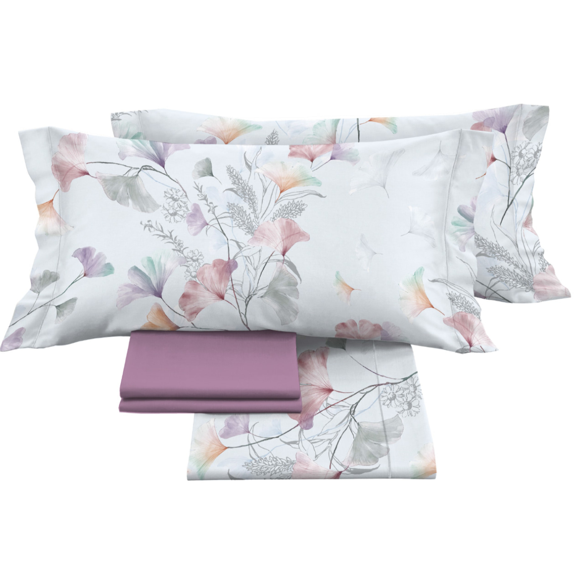 Completo Lenzuola Matrimoniale in Raso 60/60 Morbidezza Eleganza Floreale Ginko Colors