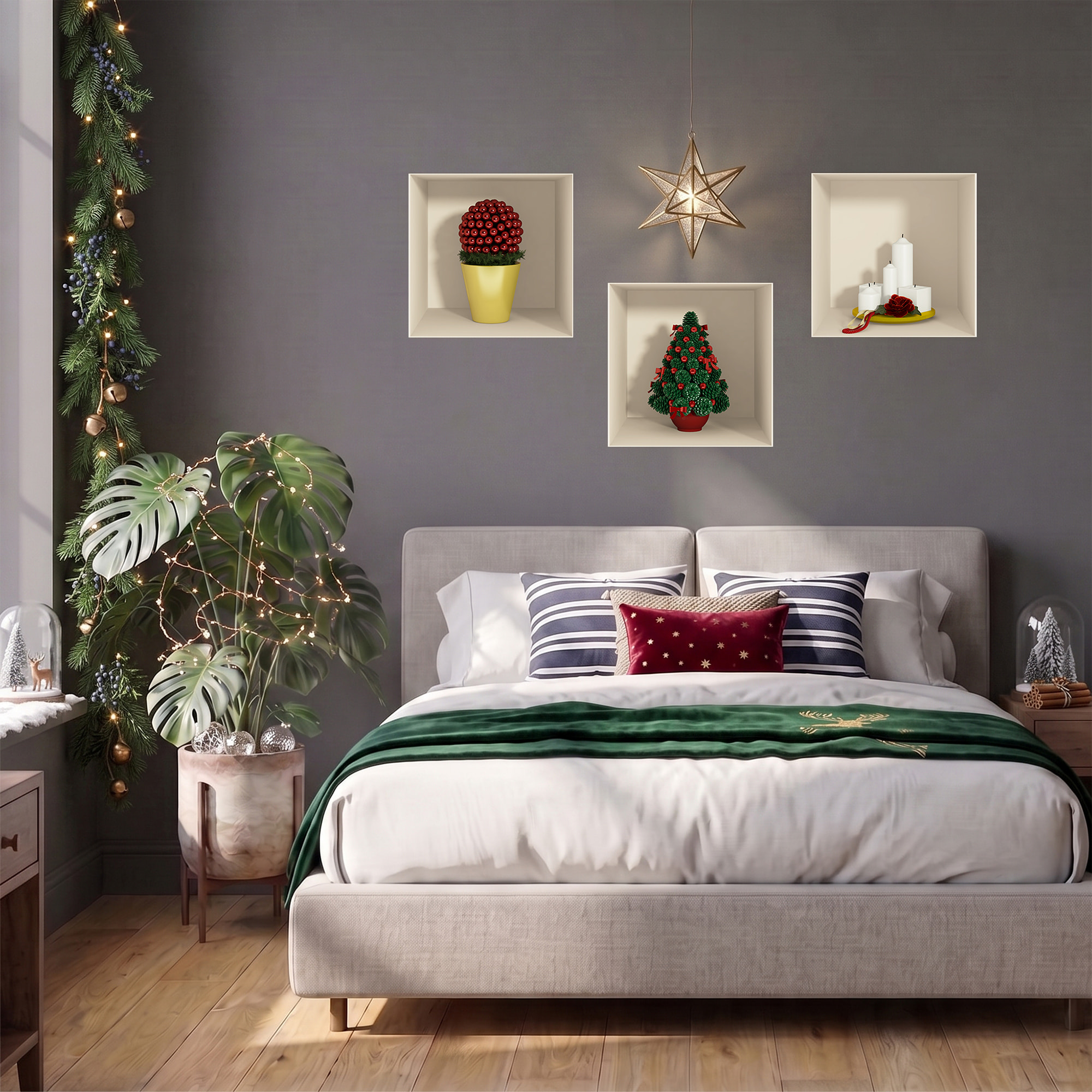 Stickers muraux 3D | Sticker Mural Autocollant effet 3D Noël sapin et bougies - Stickers adhésifs 3D Chambre Salon Trompe l'oeil