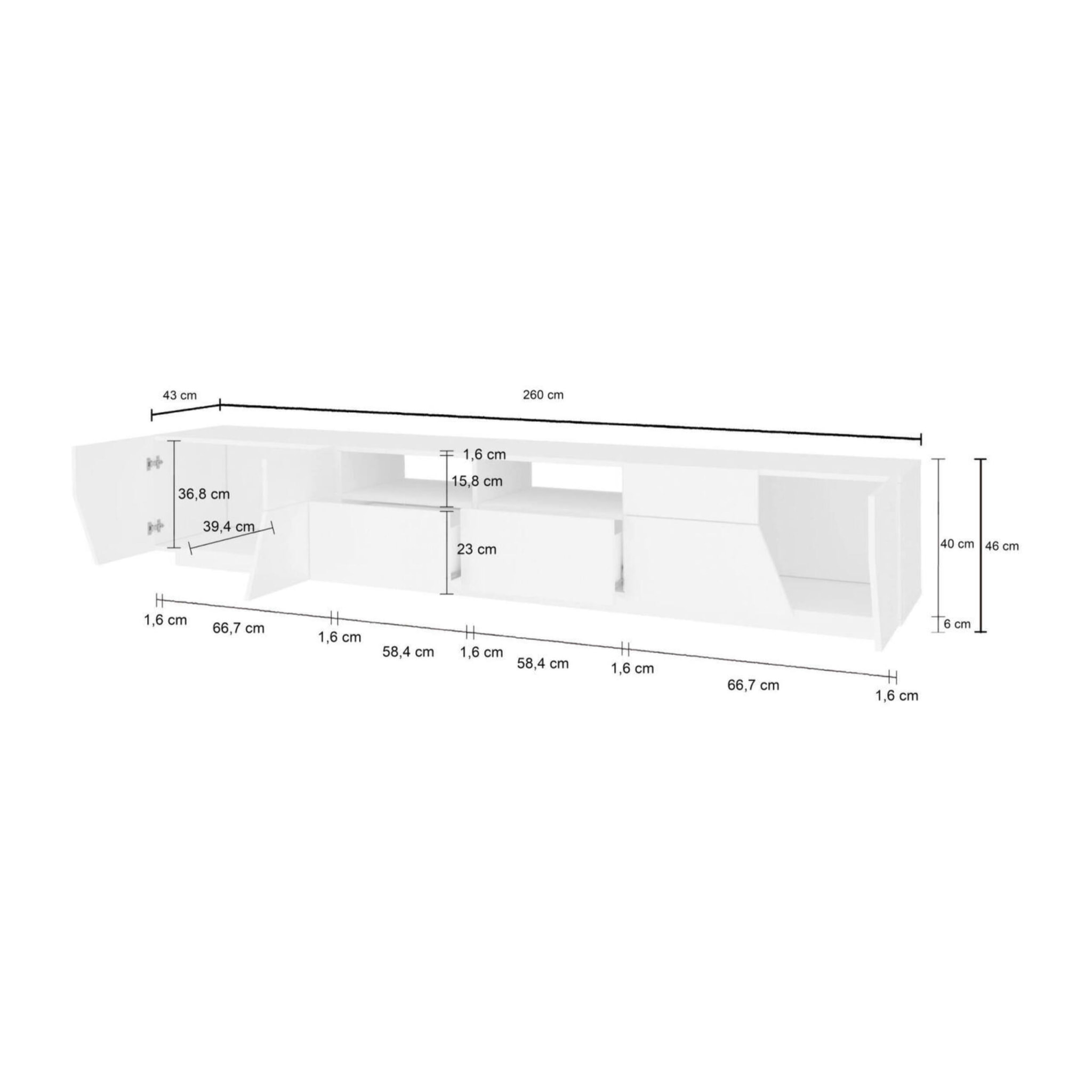 Mobile da soggiorno Porta TV, Made in Italy, Supporto per TV da salotto a 4 ante geometriche e 2 cassetti, Cm 260x43h46, Bianco lucido