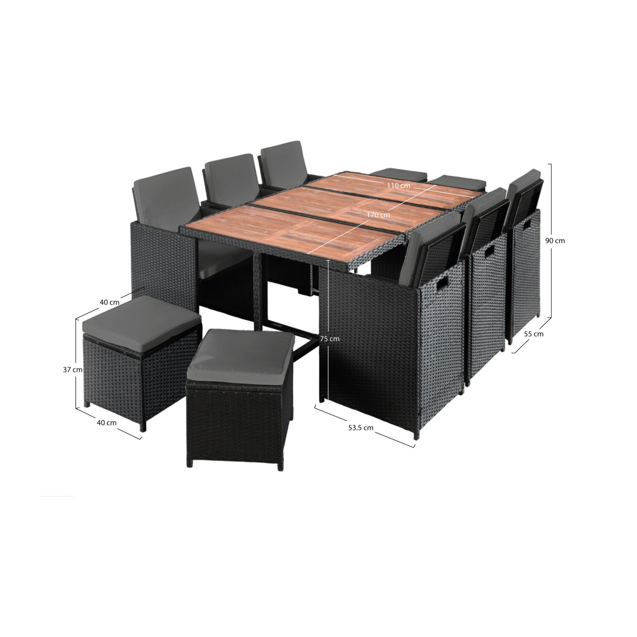 Cuba - Salon de jardin encastrable 10 places - en résine tressée - Noir avec coussins gris + housse de protection - Noir / Gris