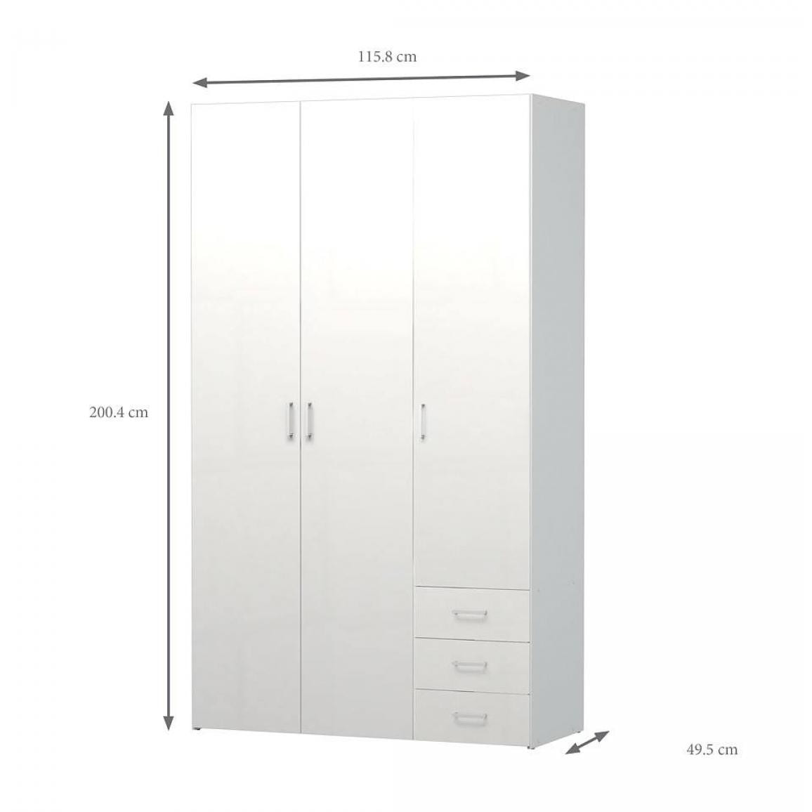 Armadio guardaroba a tre ante e tre cassetti, colore bianco, Misure 115 x 200 x 49 cm