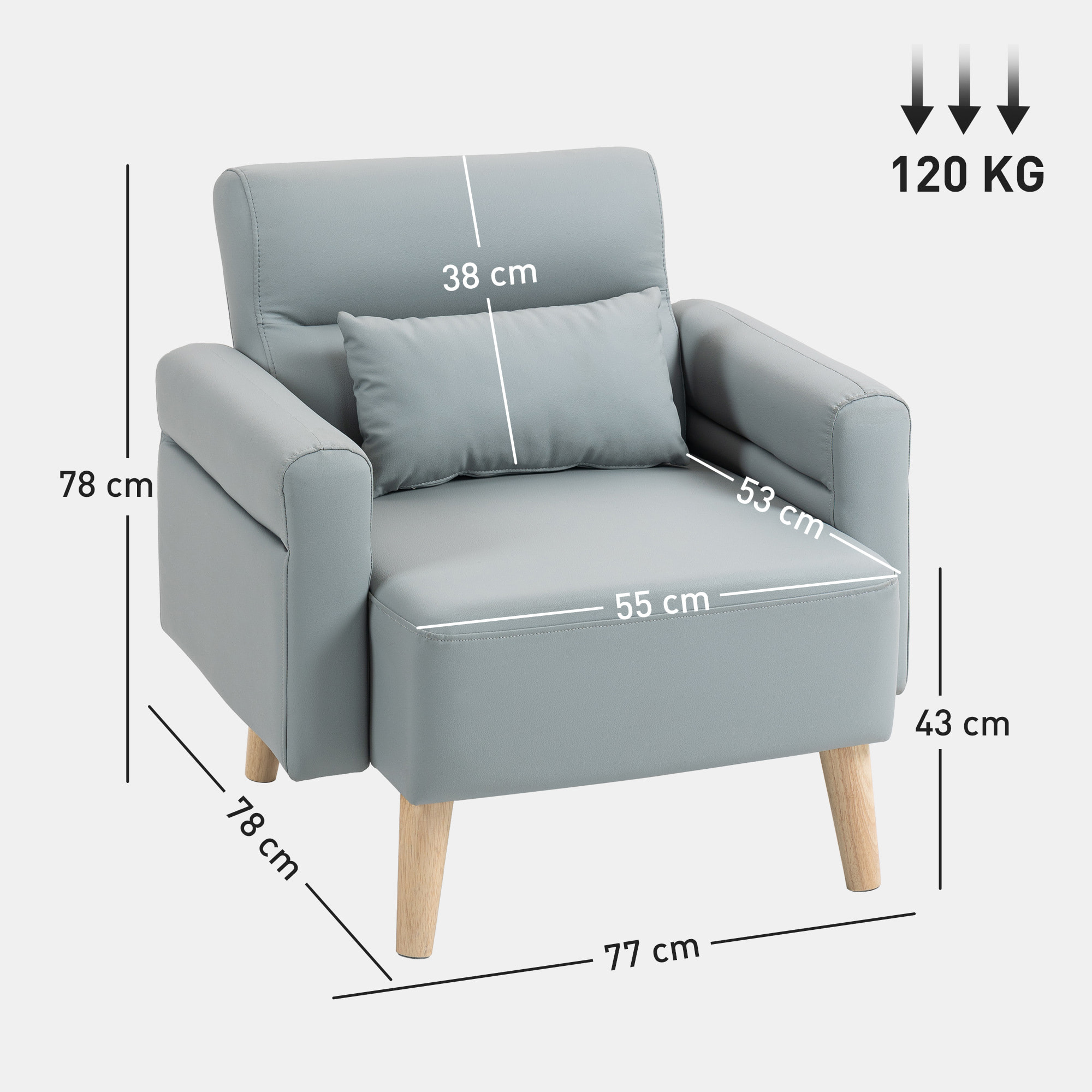 Sofá de 1 Plaza Tapizado en Cuero Sintético Sofá de Salón de 77 cm con Reposabrazos Acolchado Grueso Respaldo Acanalado y Patas de Madera para Dormitorio Sala de Estar Gris