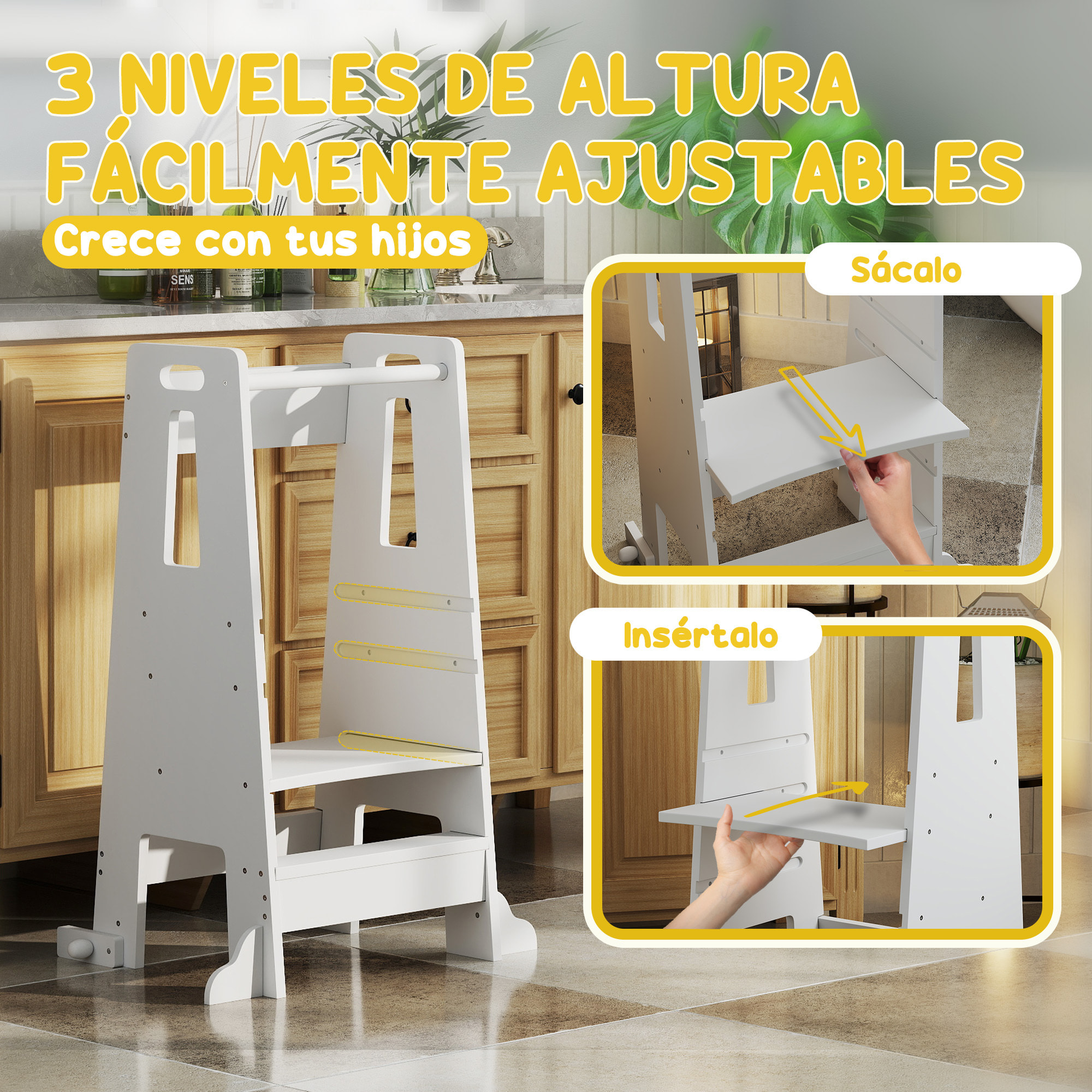 Torre de Aprendizaje Taburete de Aprendizaje para Niños de +3 Años con Pedal Altura Ajustable en 3 Niveles y Barrera de Seguridad para Baño Cocina 45x47,5x91 cm Blanco
