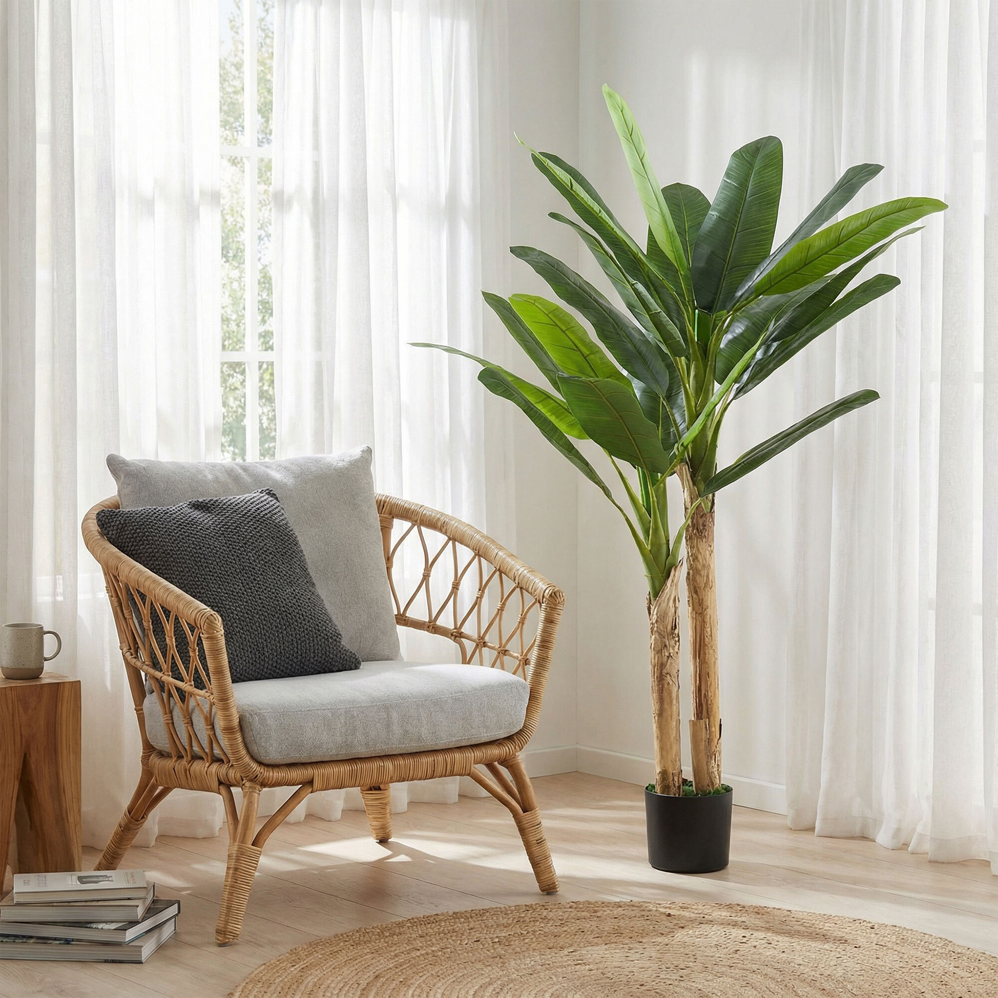 Árbol de Plátano Artificial 150 cm, Planta Artificial Decorativa con Maceta y 2 Troncos, para Decoración del Interior, Hogar, Oficina, Salón, Verde