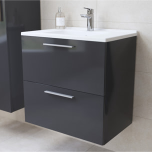 Set Mia ensemble meuble 59x61x39,5cm avec miroir, lavabo, éclairage LED + armoire 145x35x35cm, Anthracite brillant