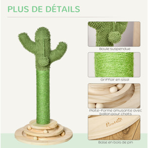 Griffoir chat design cactus - jouet pompon suspendu, jouet boules - bois de pin sisal vert