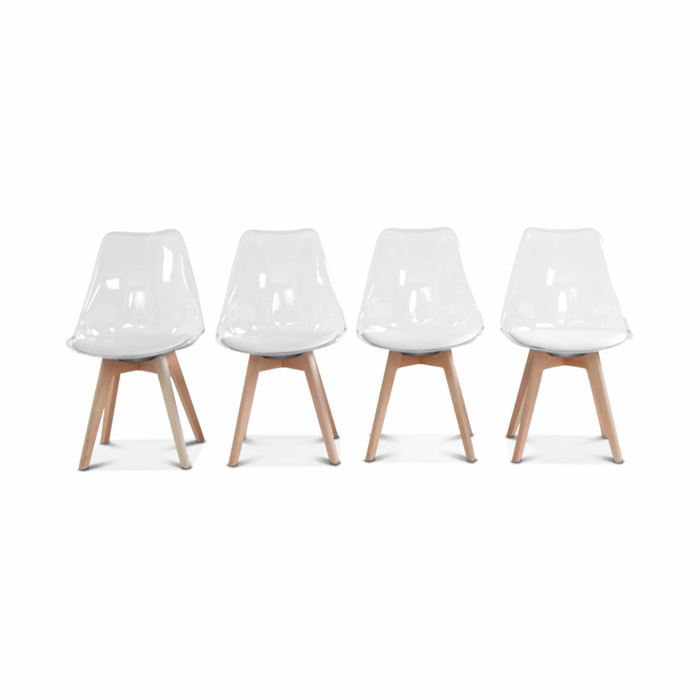 Lot de 4 chaises scandinaves - Lagertha - pieds bois. fauteuils 1 place. coussin blanc. coque transparente