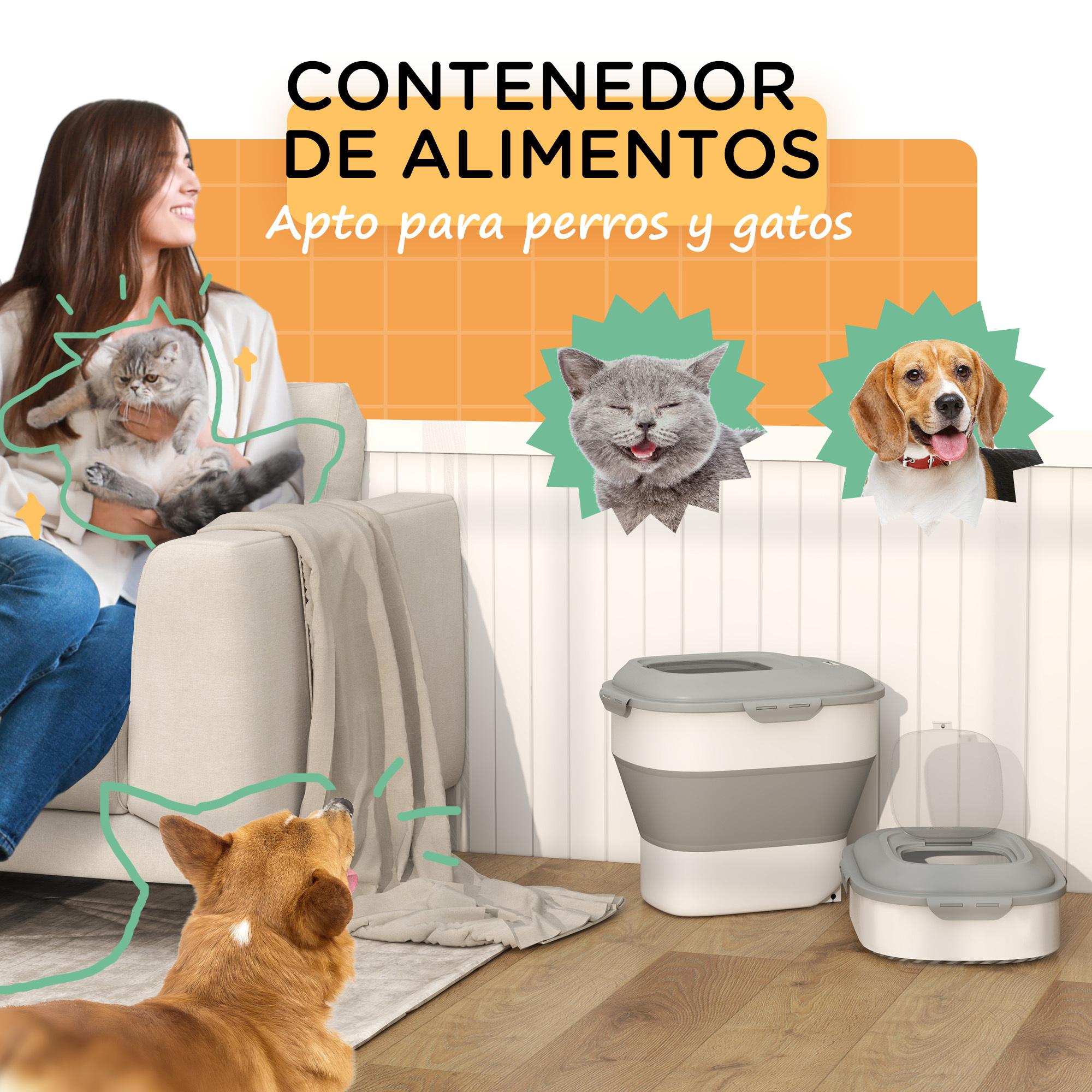 Contenedor de Comida para Perros Plegable 25L Contenedor de Pienso con Ruedas Taza Medidora Cuenco Plegable y Cuchara Contenedor de Comida para Mascotas Gatos Gris