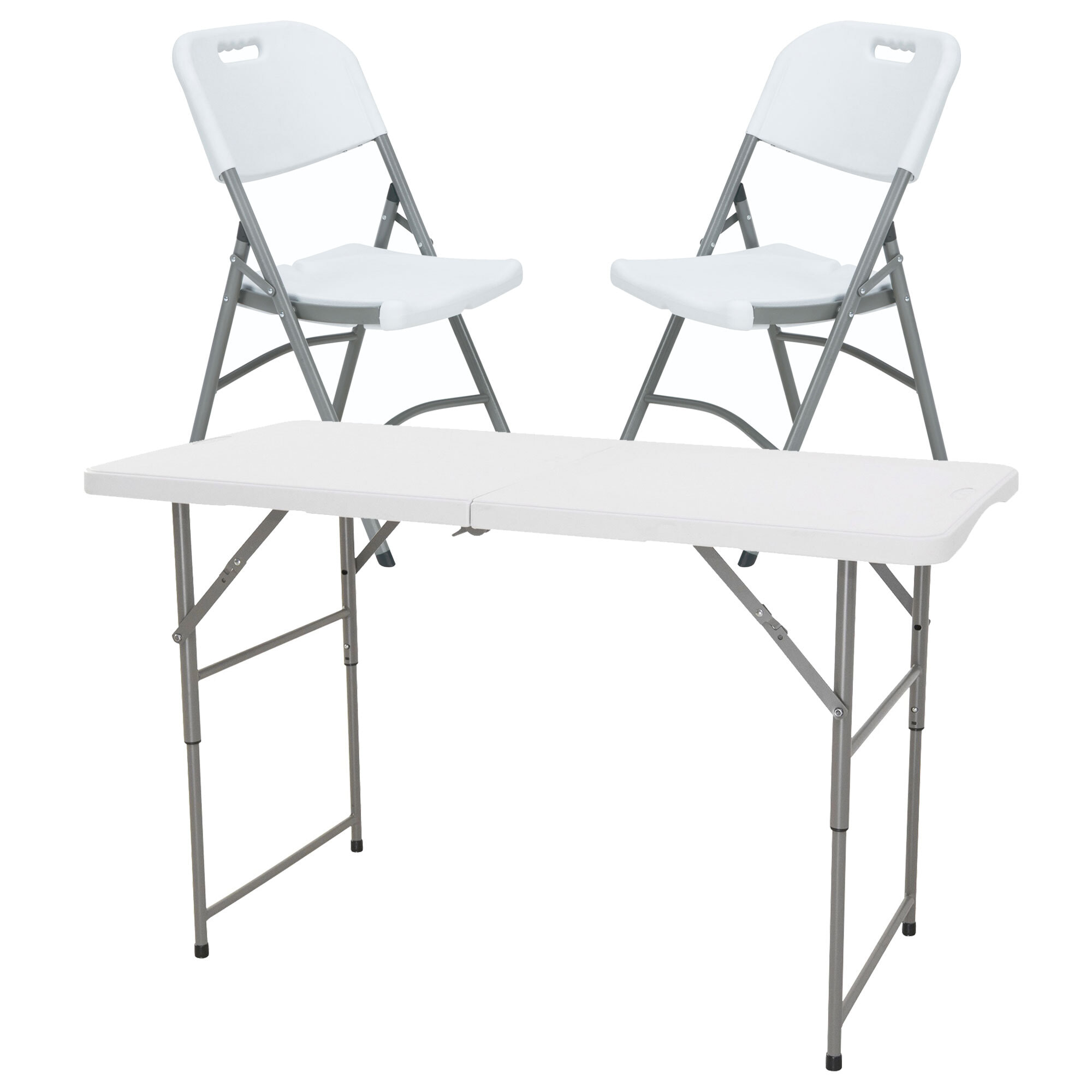 Mesa plegable de altura regulable 122x60x50-74cm, y set de 2 sillas plegables 51x45x85,5cm, ideal para exteriores