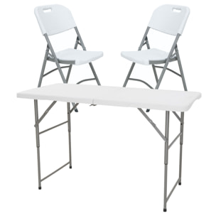 Mesa plegable de altura regulable 122x60x50-74cm, y set de 2 sillas plegables 51x45x85,5cm, ideal para exteriores