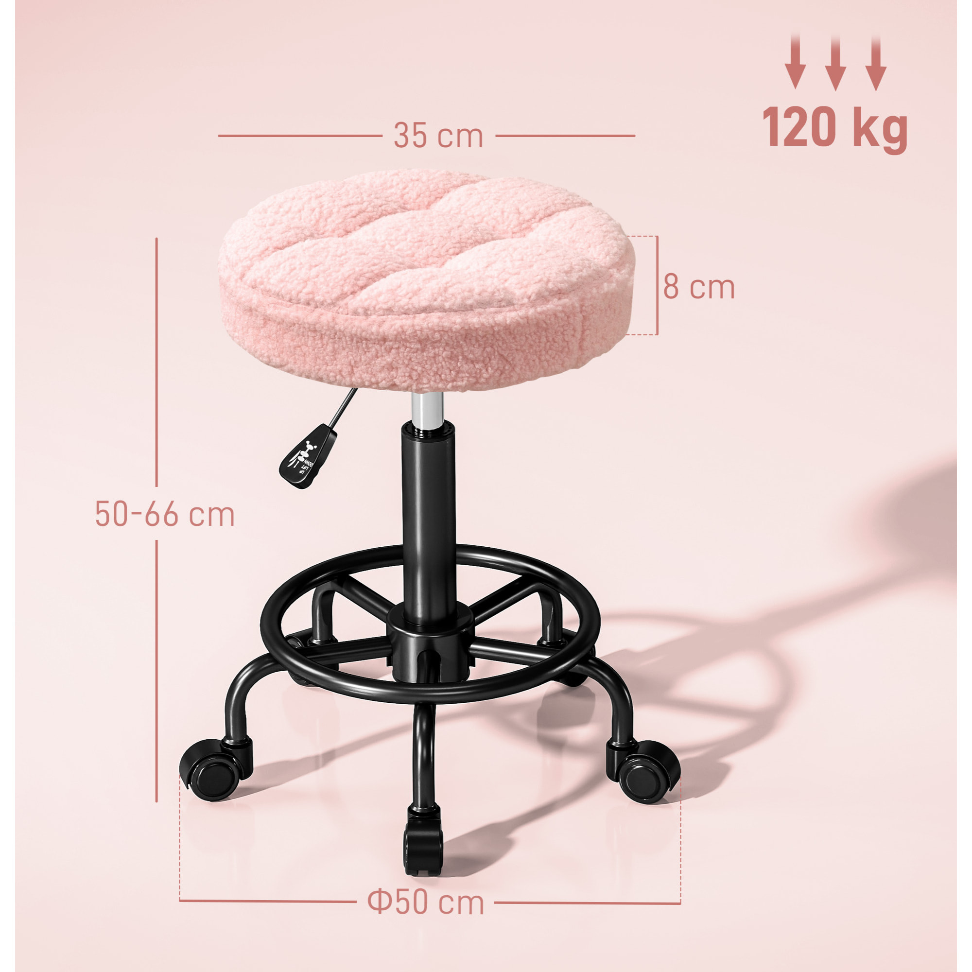 Taburete Giratorio Redondo Taburete con Ruedas Altura Regulable 50-66 cm Asiento Tapizado en Tejido de Borreguito para Salones Talleres Spa Masaje Rosa