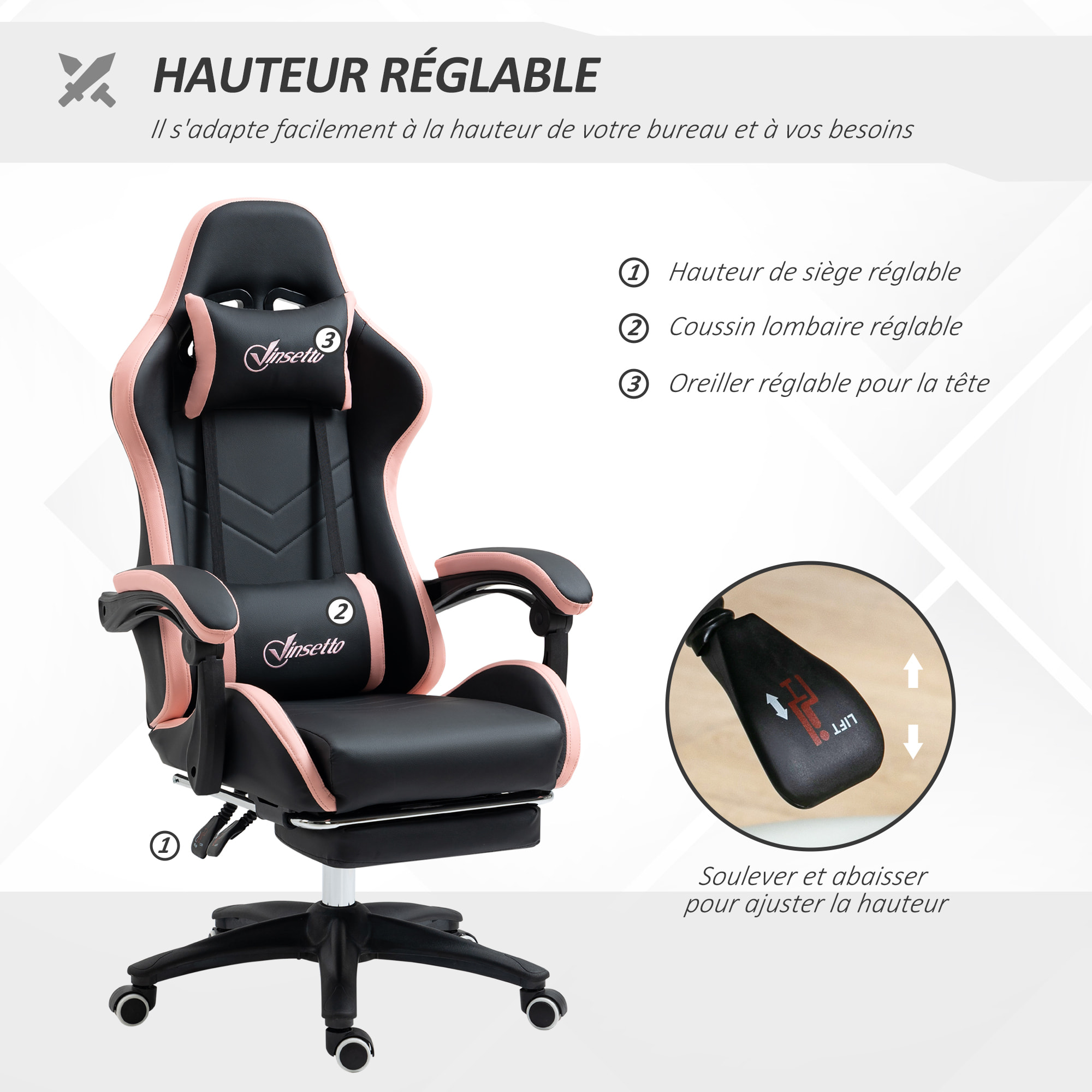 Chaise gaming - chaise de bureau gamer inclinable réglable repose-pieds rétractable coussins synthétique noir rose
