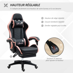 Chaise gaming - chaise de bureau gamer inclinable réglable repose-pieds rétractable coussins synthétique noir rose